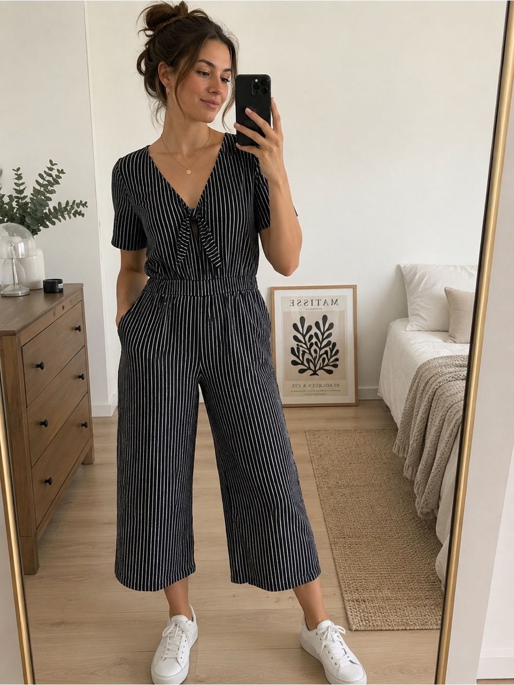 American Eagle Striped Wide Leg Jumpsuit Black White Medium Stretch Comfy Casual